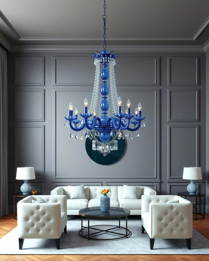 Blue Chandeliers with Grey Interiors - 30 Blue and Grey Living Room Ideas