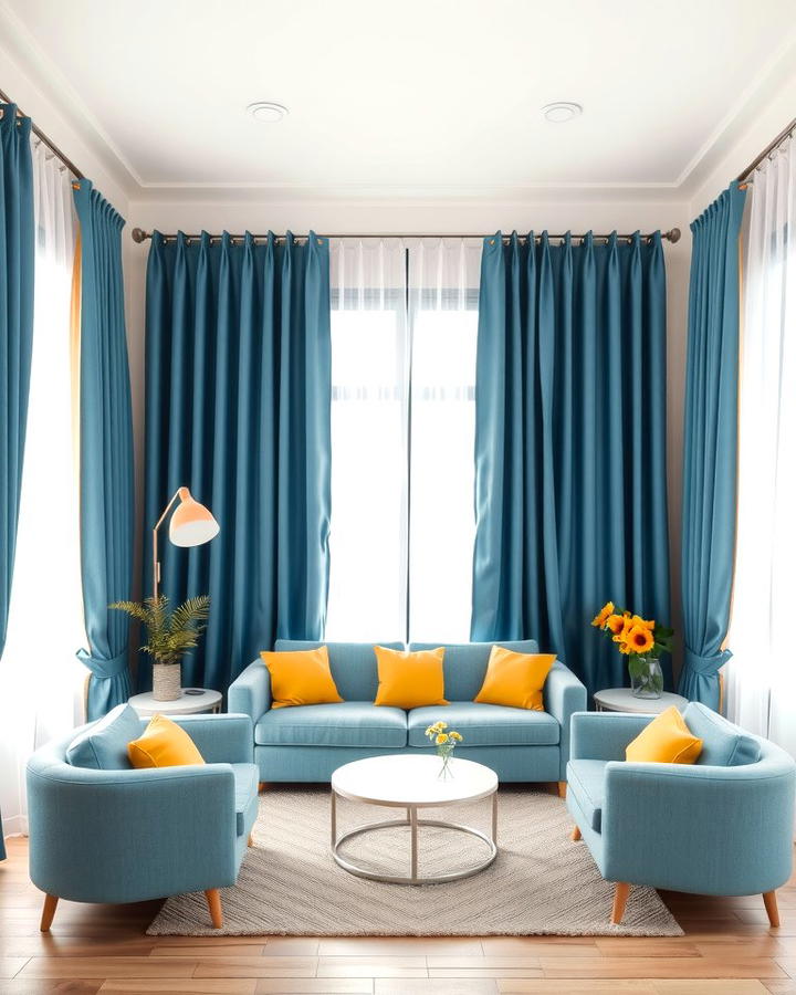 Blue Curtains Paired with Yellow Cushions - 25 Yellow and Blue Living Room Ideas