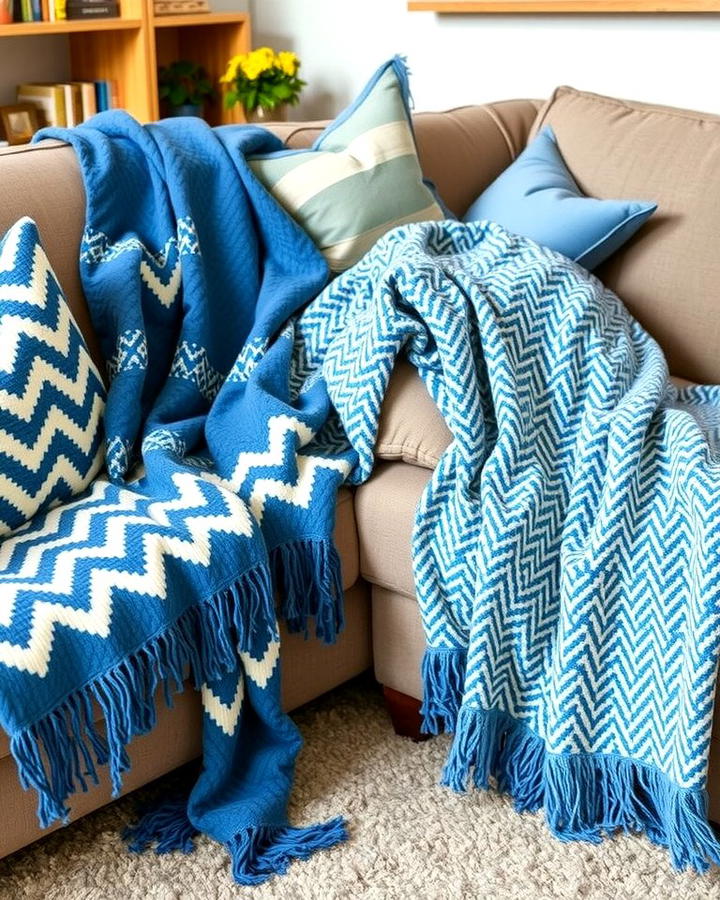 Blue Patterned Throw Blankets on Grey Sofas - 30 Blue and Grey Living Room Ideas