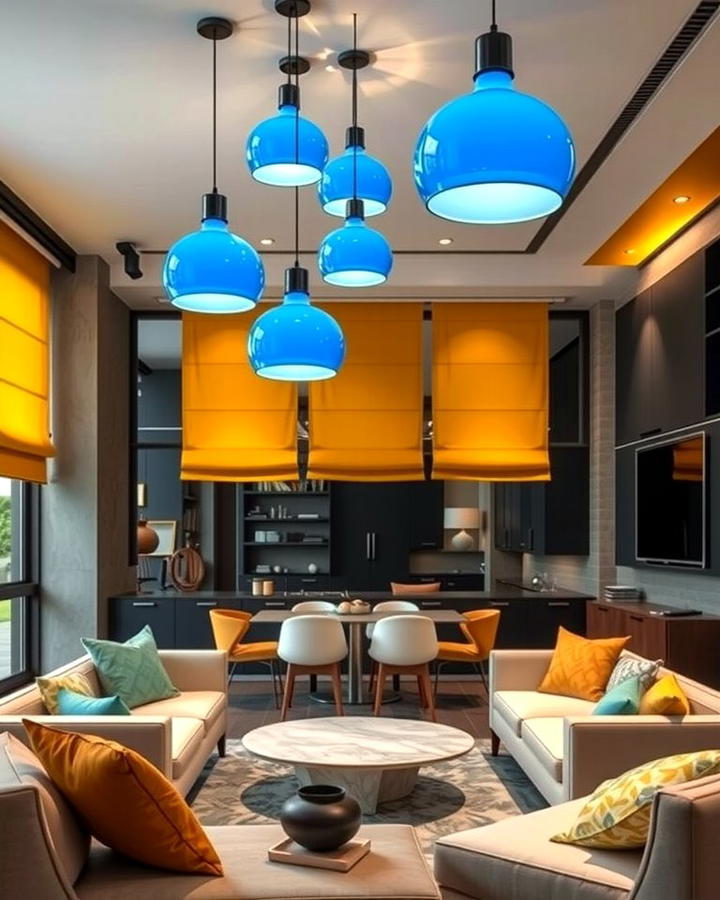 Blue Pendant Lights with Yellow Shades - 25 Yellow and Blue Living Room Ideas