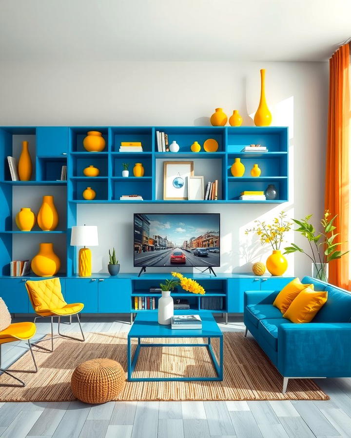 Blue Shelves with Yellow Decor Items - 25 Yellow and Blue Living Room Ideas