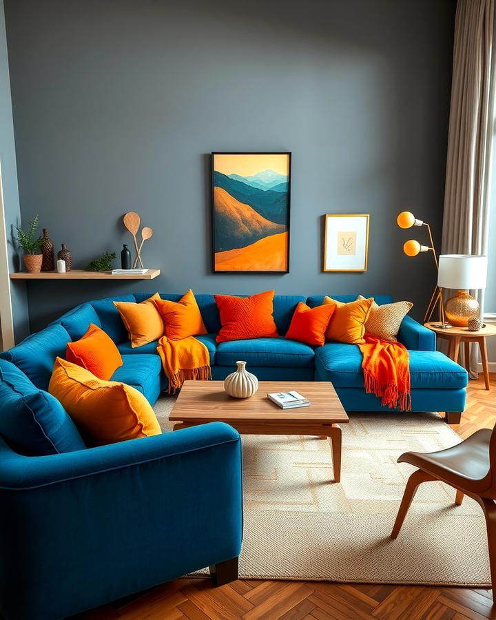 Blue Sofas with Orange Accents - 25 orange and blue living room ideas