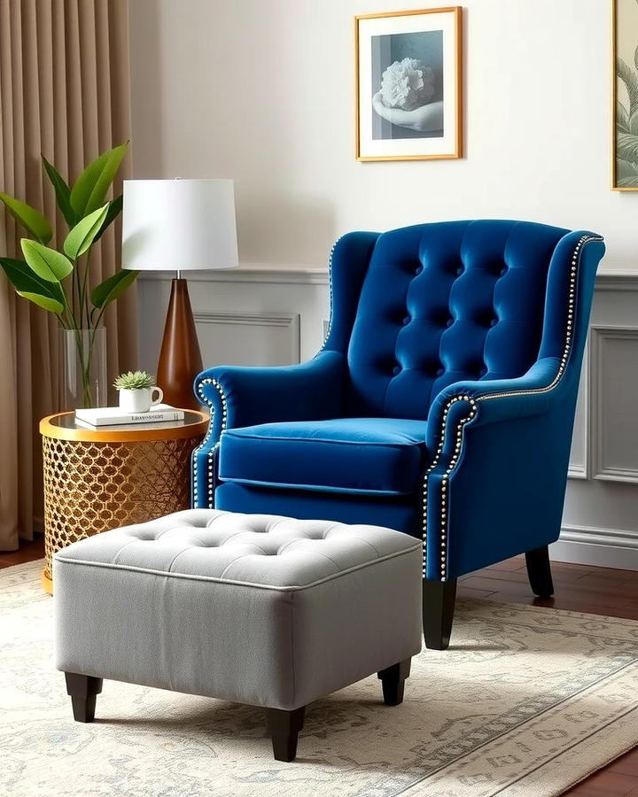 Blue Velvet Armchair with Grey Ottoman - 30 Blue and Grey Living Room Ideas