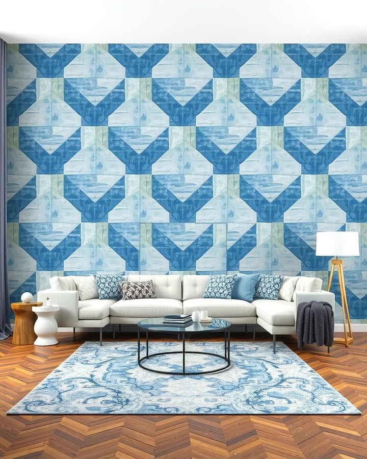 Blue and Grey Geometric Wallpaper 2 - 30 Blue and Grey Living Room Ideas