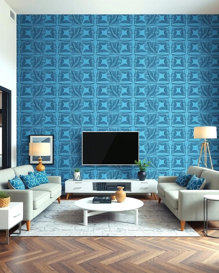 Blue and Grey Geometric Wallpaper - 30 Blue and Grey Living Room Ideas