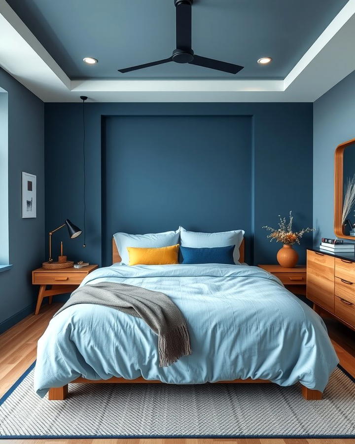 Blue and Wood Elements - 25 Moody Blue Bedroom Ideas