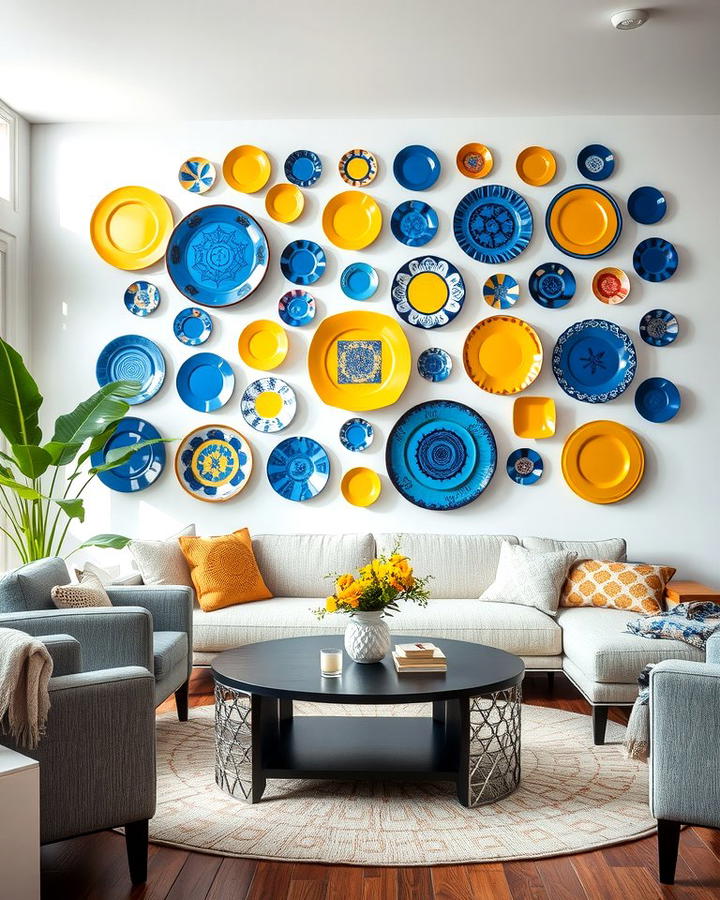 Blue and Yellow Decorative Plates - 25 Yellow and Blue Living Room Ideas