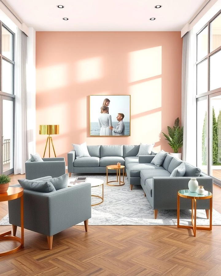 Blush Pink Accent Wall with Grey Furniture - 25 Pink and Grey Living Room Ideas