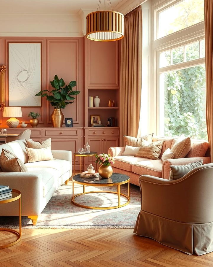 Blush Tones with Gold Accents - 30 Pink Living Room Ideas