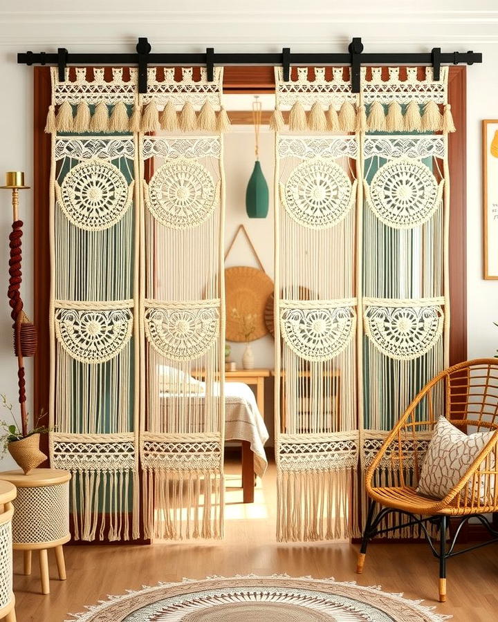 Bohemian Style with Macrame Panels - 25 Sliding Door Curtain Ideas