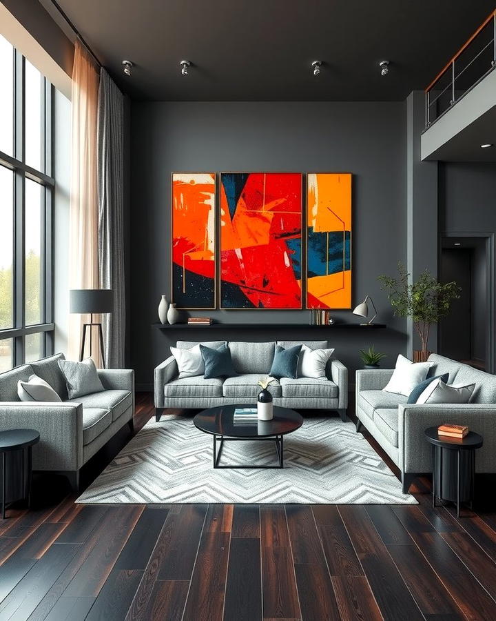 Bold Artwork as a Focal Point - 30 Grey Living Room With Dark Wood Floors