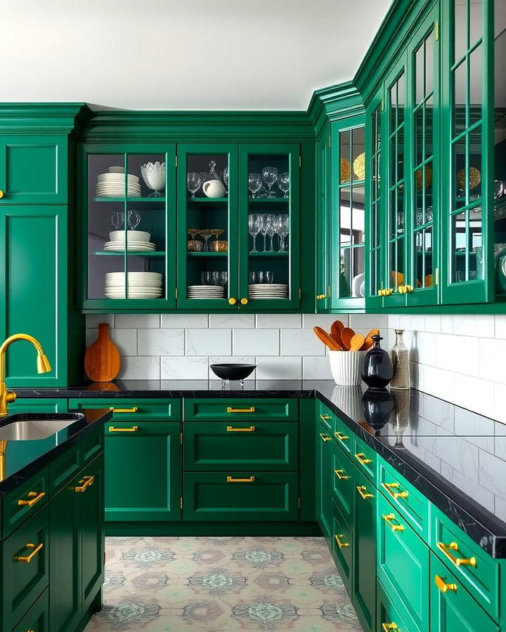 Bold Emerald Statement - 30 Green Kitchen Cabinets With Black Countertops