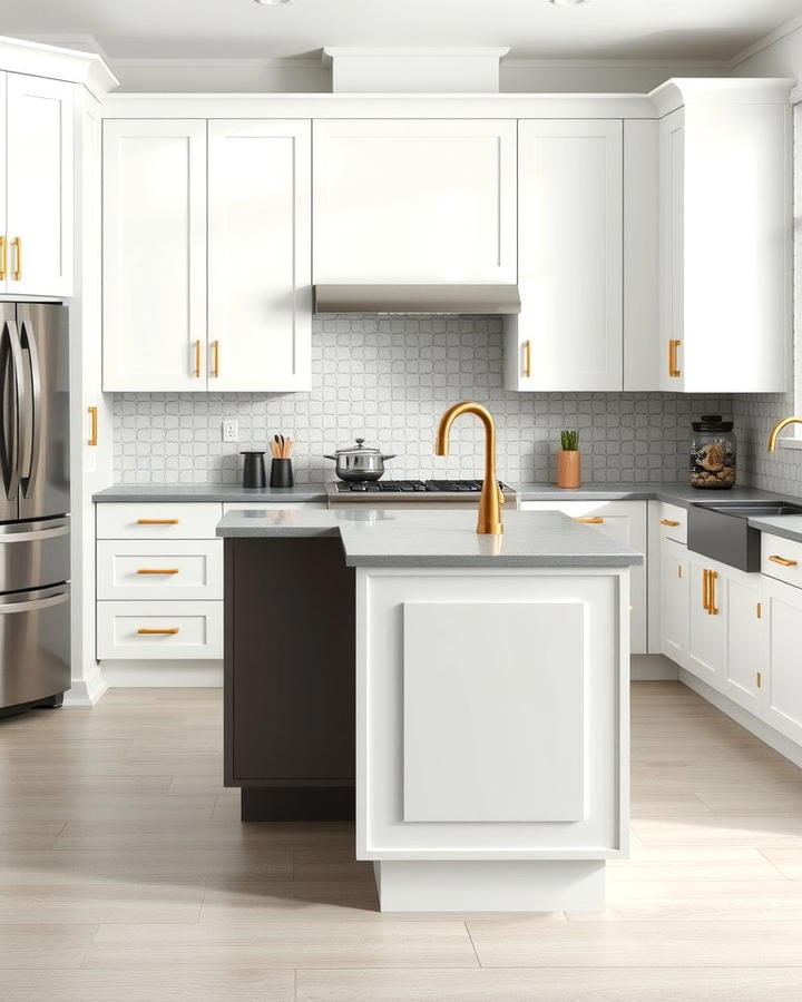 Bold Hardware Accents with White Cabinets and a Grey Island - 25 White Kitchen Cabinets With Grey Island Ideas