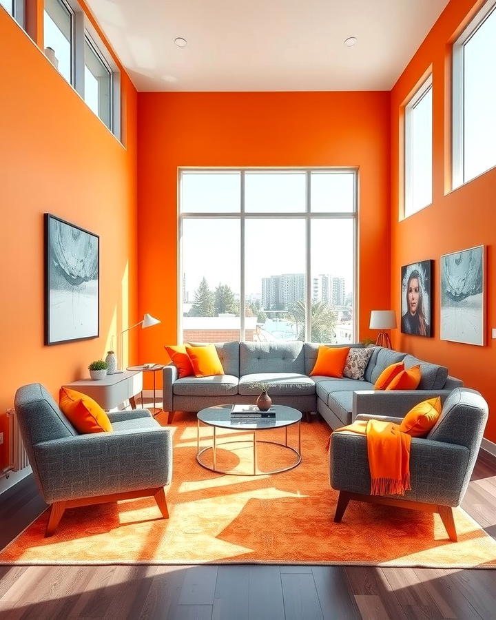 Bold Orange Accent Walls Paired with Grey Furniture - 25 Orange and Grey Living Room Ideas