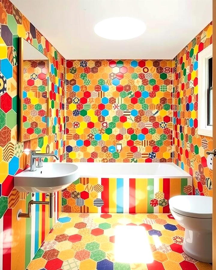 Bold Patterns with Multi Colored Hexagon Tiles - 30 Bathrooms With Hexagon Tile Floors