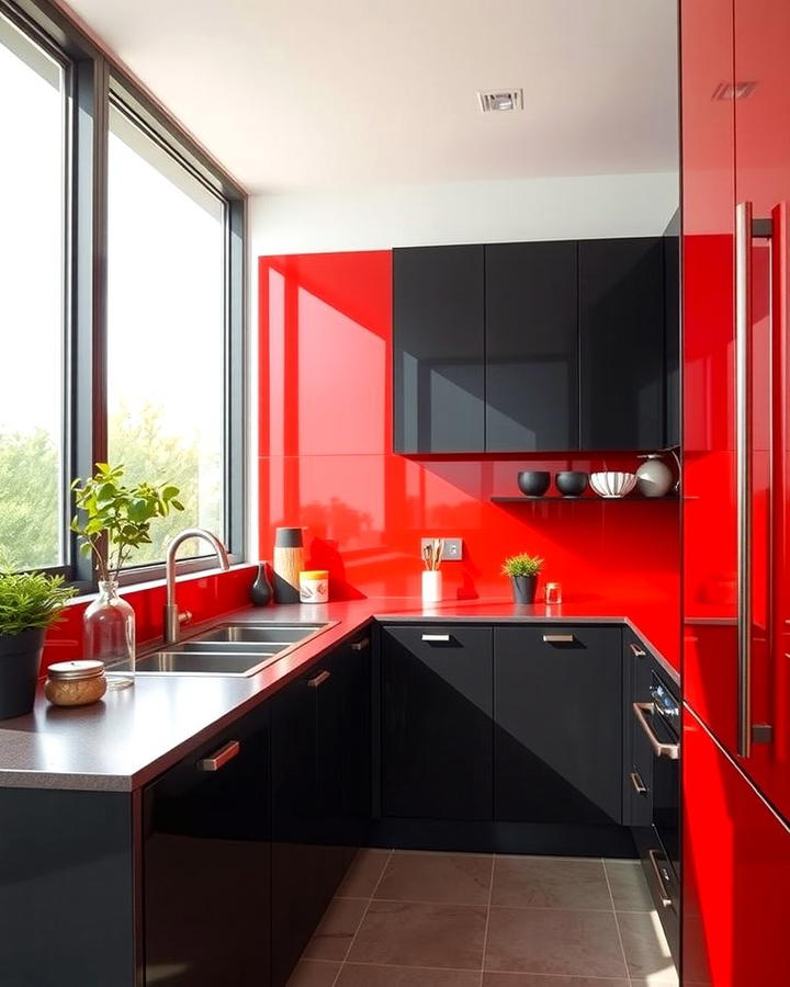 Bold Red Backsplash with Black Cabinets - 25 red and black kitchen ideas