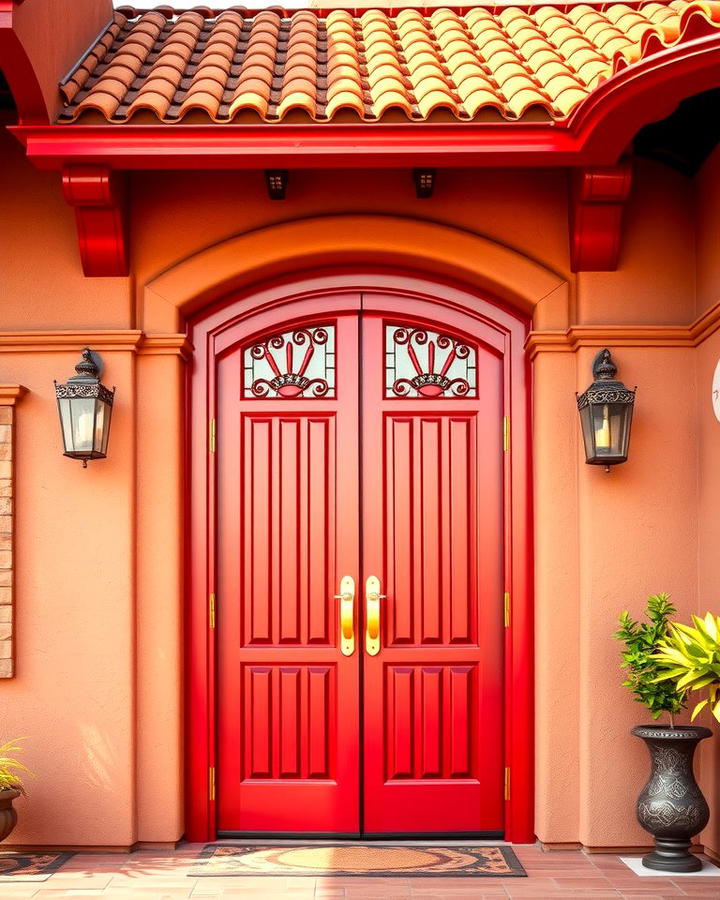 Bold Red Doors with Brass Accents - 25 spanish style front door ideas