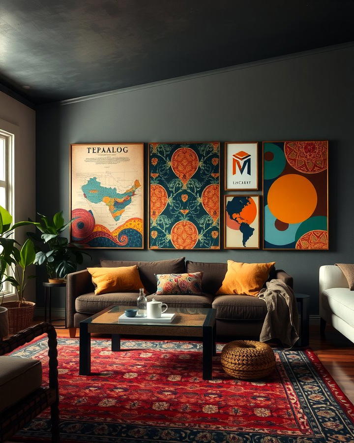 Bold Wall Art with Global Patterns - 25 Moody Boho Living Room Ideas