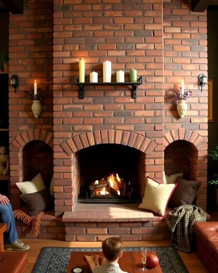 Brick Fireplace with Built In Seating - 25 Rustic Living Room With a Brick Fireplace Ideas