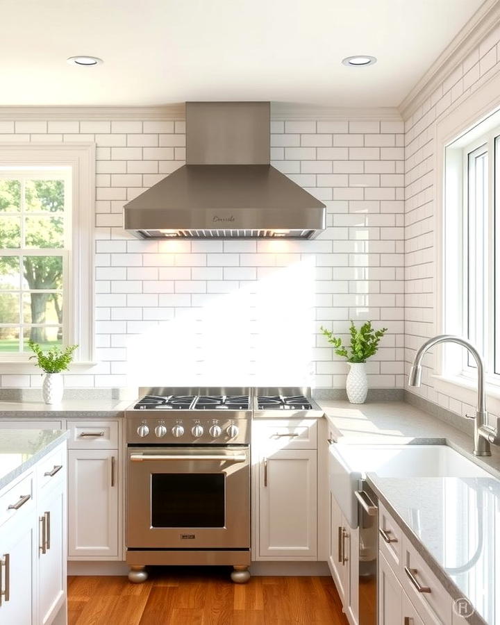 Bright Subway Tile Backsplash with Stainless Steel Appliances - 25 White Kitchen with Stainless Steel Appliances Ideas