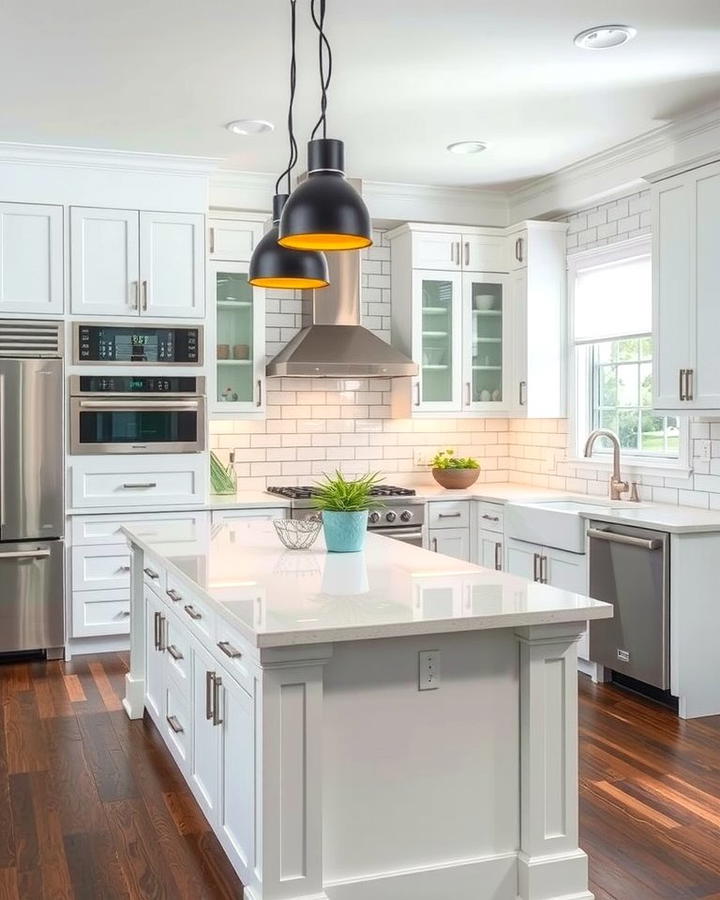 Bright White Island with Black Pendant Lighting - 30 White Kitchen with Black Appliances Ideas