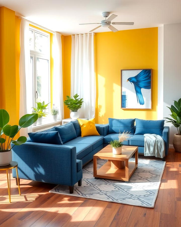 Bright Yellow Accent Walls with Blue Sofas - 25 Yellow and Blue Living Room Ideas