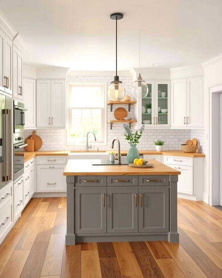 Bright and Airy White Cabinets with a Warm Grey Island - 25 White Kitchen Cabinets With Grey Island Ideas