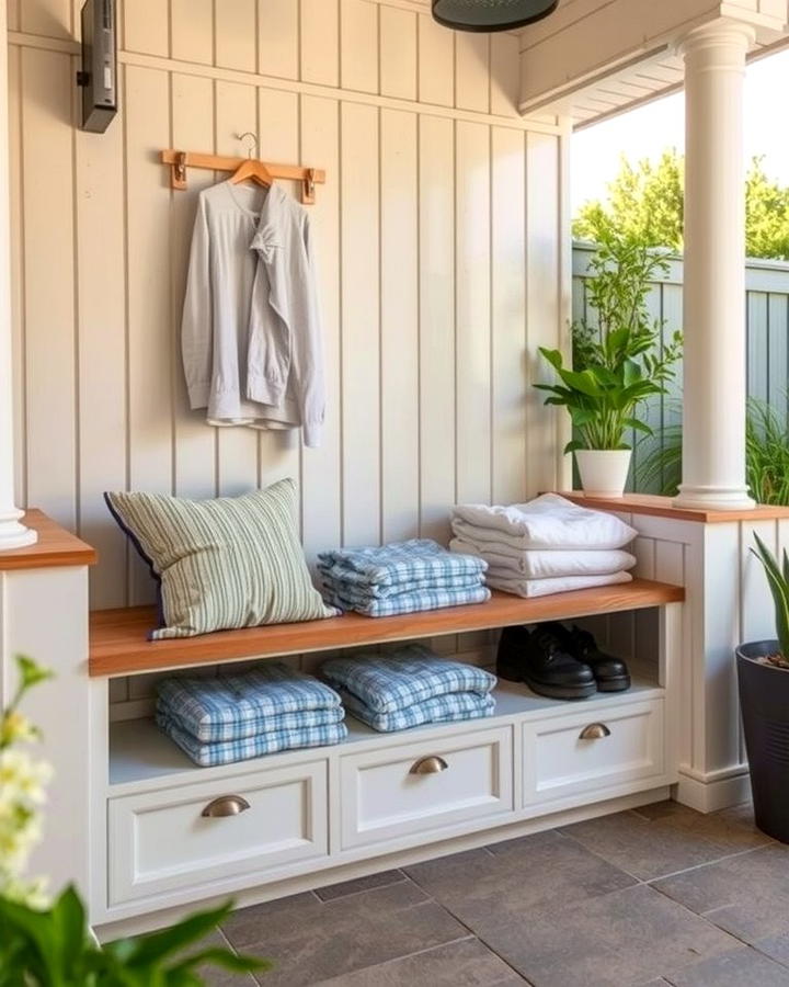 Built In Bench for Folding - 25 Outdoor Laundry Area Design Ideas