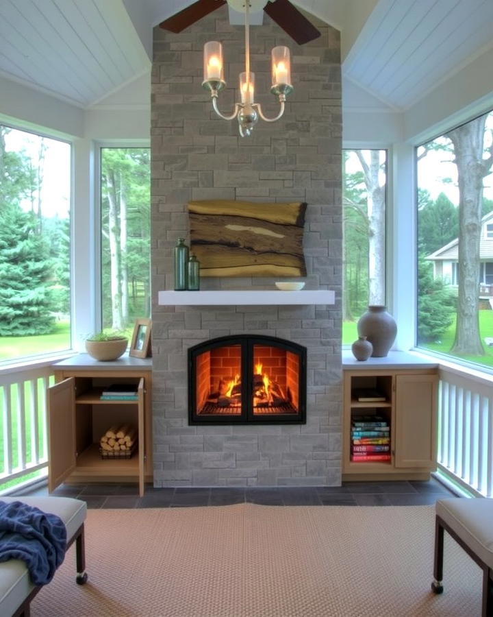 Built In Fireplace with Storage - 25 Screened-in Porch With Fireplace Ideas