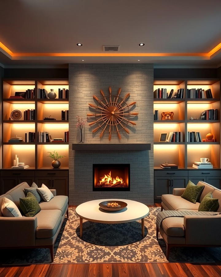 Built In Lighting for a Dramatic Effect - 30 Fireplace With Bookshelves