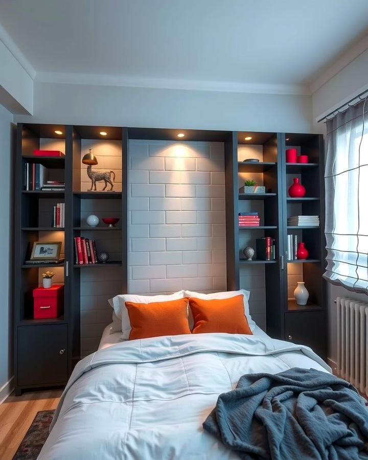 Built In Shelving Units - 25 red black and white bedroom ideas