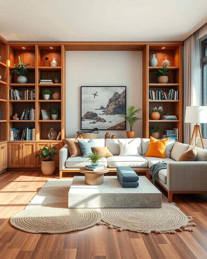 Built In Shelving - 25 Organic Modern Living Room Design Ideas