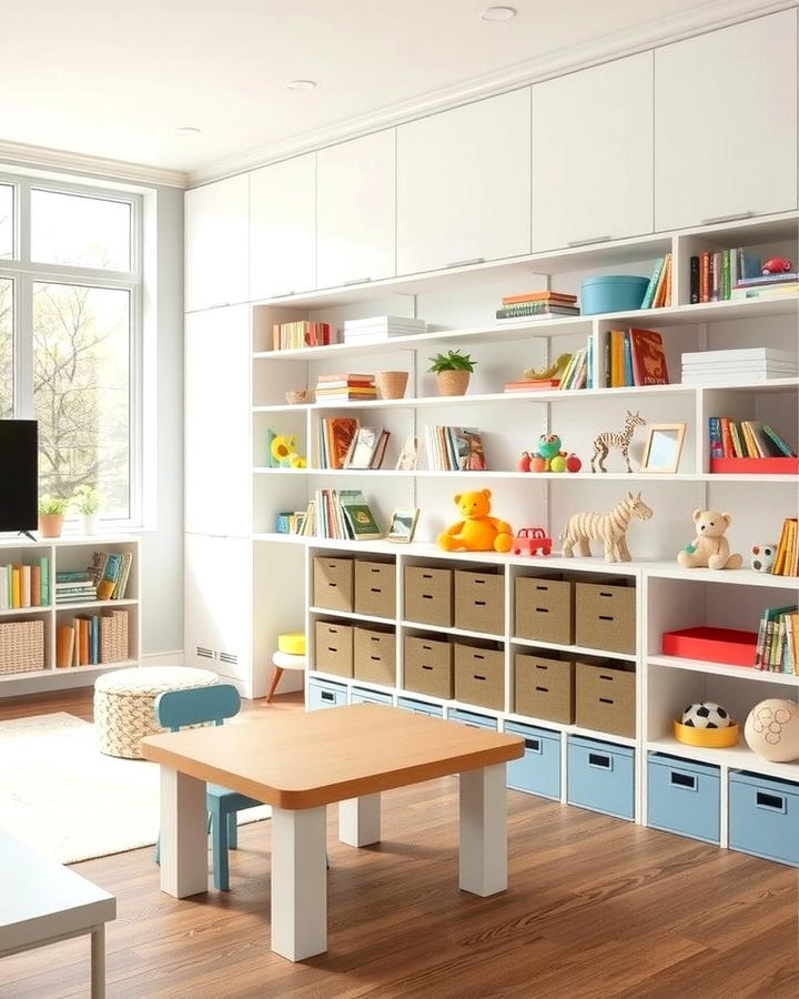 Built In Wall Shelves for Organized Play - 25 Playroom Storage Ideas