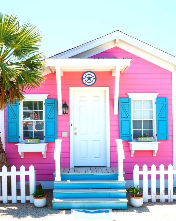 Candy Pink with White and Blue Details - 25 Pink House Exterior Ideas