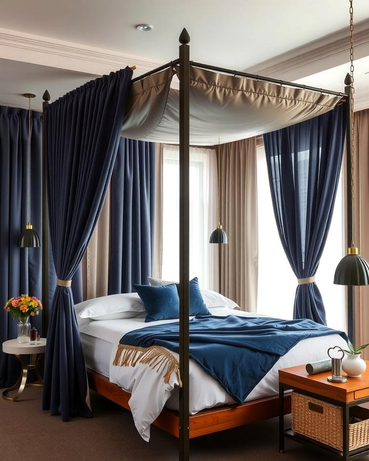 Canopy Bed with Navy and Grey Drapes - 25 Navy Blue and Grey Bedroom Ideas