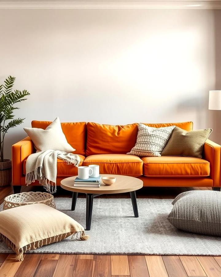 Casual Comfort with Layered Textures - 25 Orange Couch Living Room Ideas