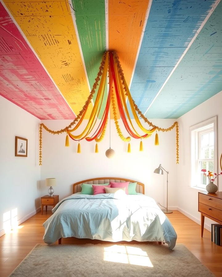 Ceiling Art with Rainbow Accents - 25 Rainbow Bedroom Ideas