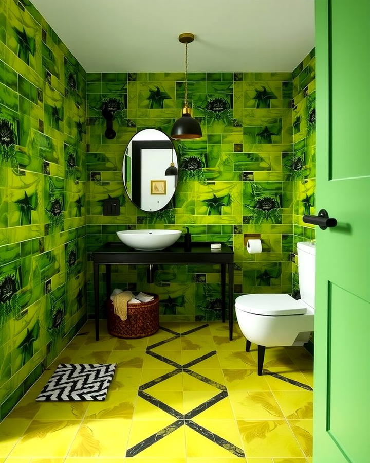 Chartreuse Green Geometric Tiles - 30 Green Bathroom Tile Ideas