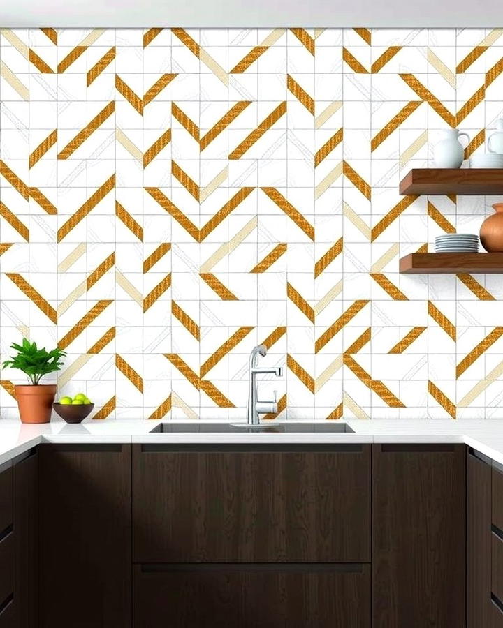 Chevron White and Gold Mosaic Tiles - 25 White and Gold Kitchen Backsplash Ideas