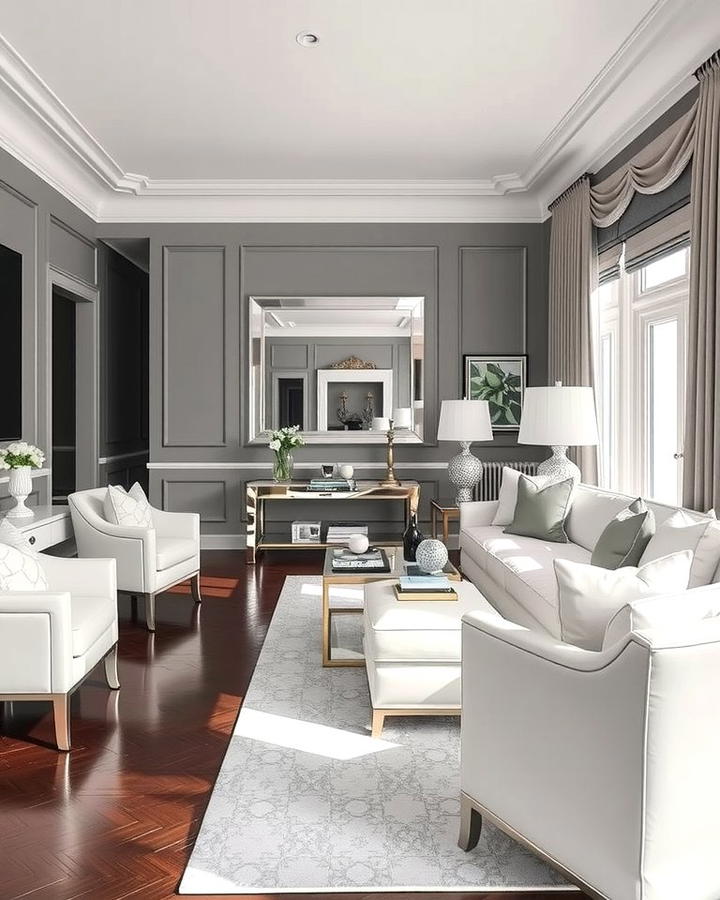 Chic Grey and White Combo - 30 Grey Living Room With Dark Wood Floors