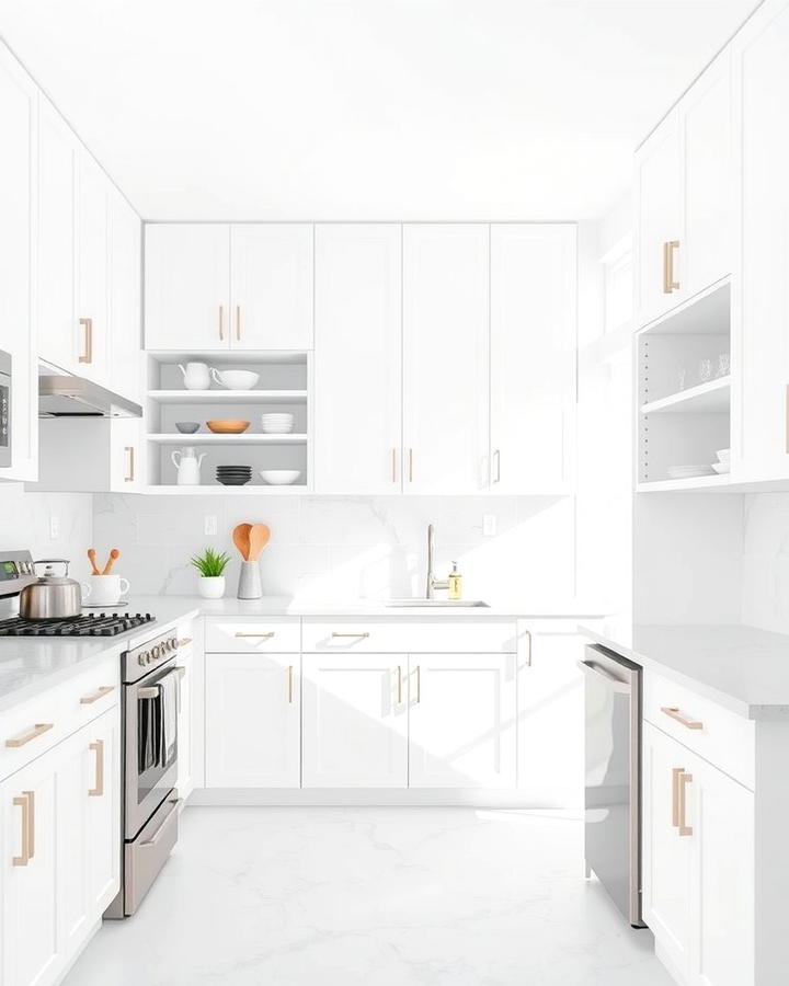 Choose Open Shelving for Minimalist Appeal - 25 White Kitchen with Stainless Steel Appliances Ideas