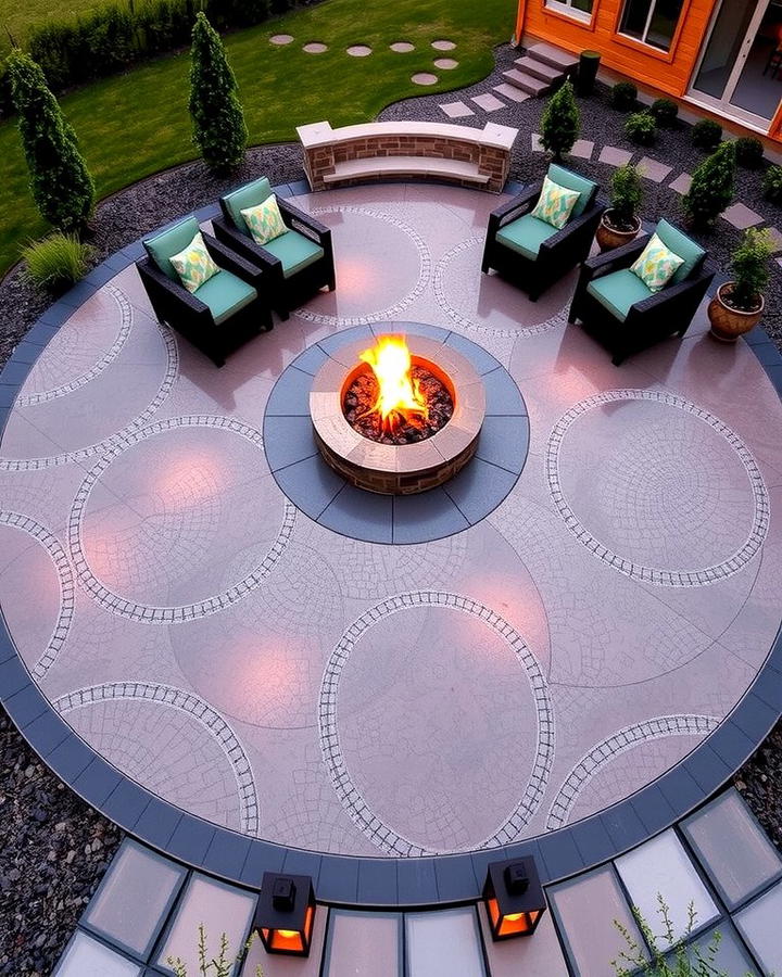 Circular Patio with Central Fire Pit Focus - 25 Stamped Concrete Patio With Fire Pit Ideas