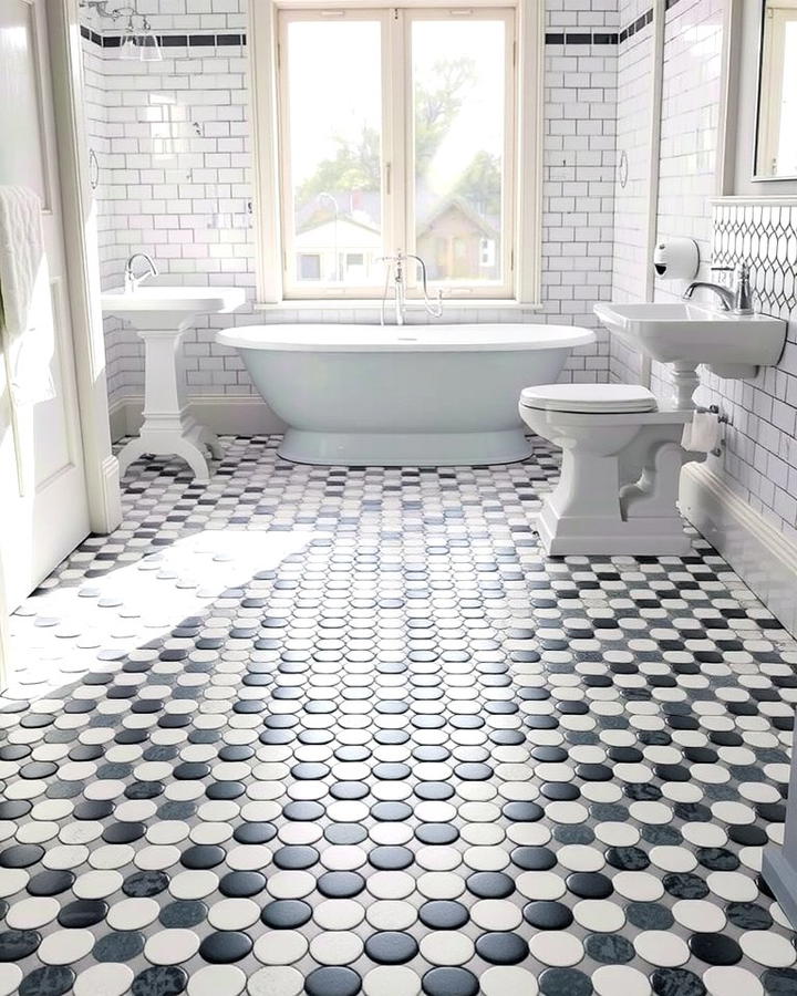 Classic Black and White Penny Tile Pattern - 25 Penny Tile Bathroom Floor Ideas