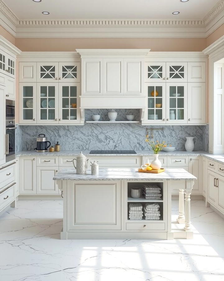 Classic Elegance with White Cabinets and a Marble Topped Grey Island - 25 White Kitchen Cabinets With Grey Island Ideas