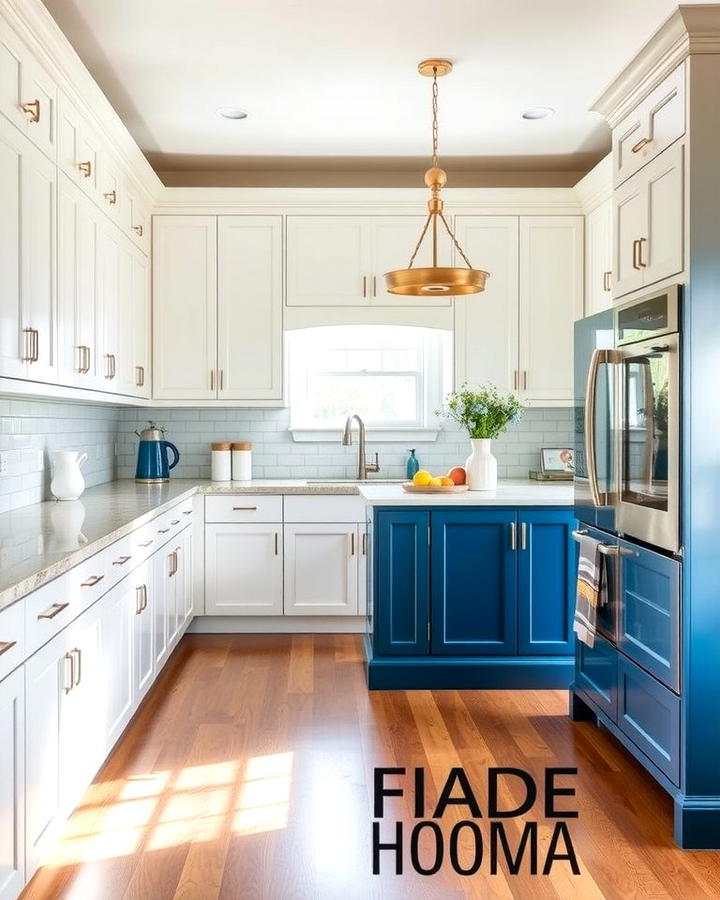 Classic Elegance with White Shaker Cabinets and Blue Island - 25 White Kitchen Cabinets With Blue Island