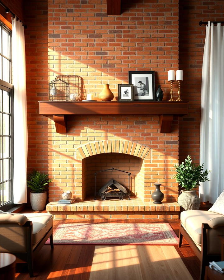 Classic Red Brick Fireplace with Wooden Mantel - 25 Rustic Living Room With a Brick Fireplace Ideas