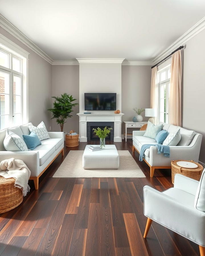 Coastal Grey Serenity - 30 Grey Living Room With Dark Wood Floors