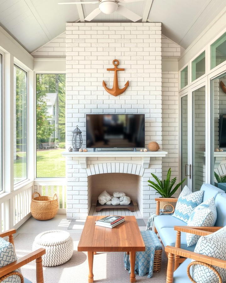 Coastal Inspired Fireplace Setting - 25 Screened-in Porch With Fireplace Ideas