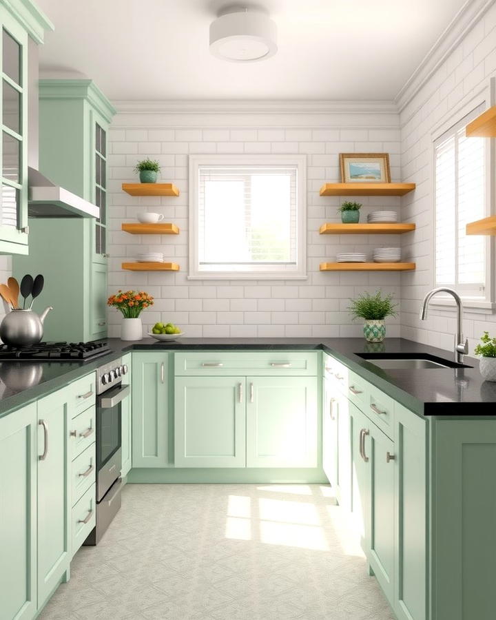 Coastal Serenity - 30 Green Kitchen Cabinets With Black Countertops