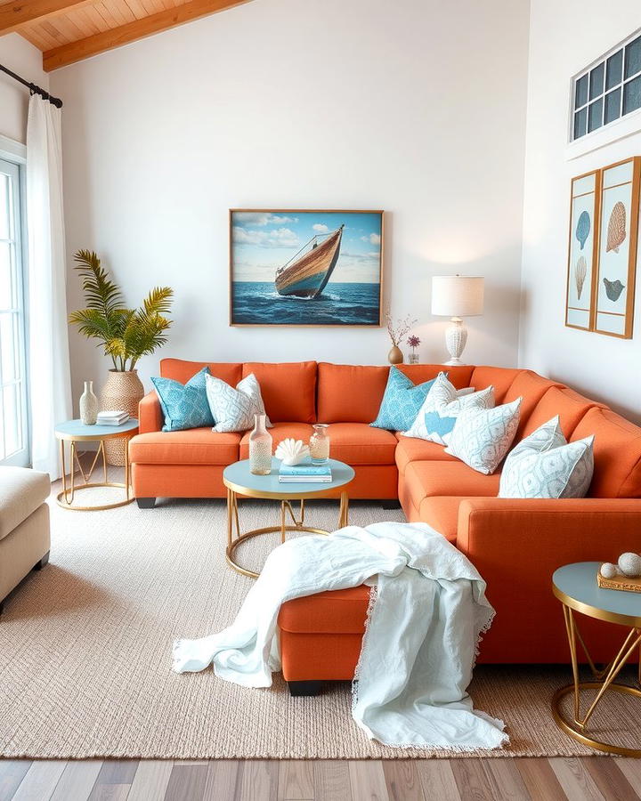 Coastal Serenity with Coral Tones - 25 Orange Couch Living Room Ideas